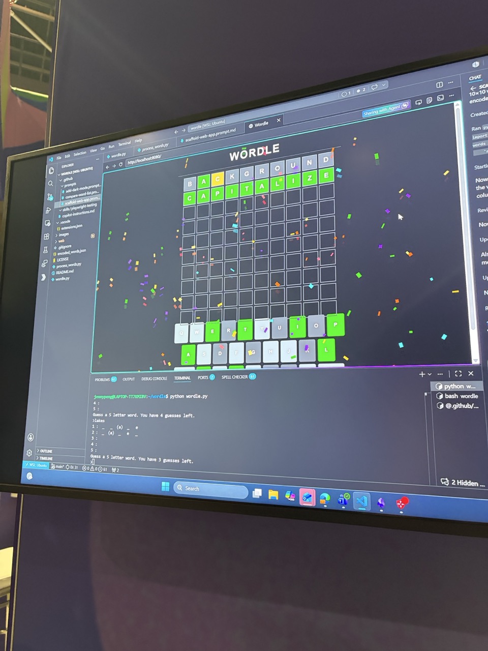 A Wordle clone running in VS Code at the booth